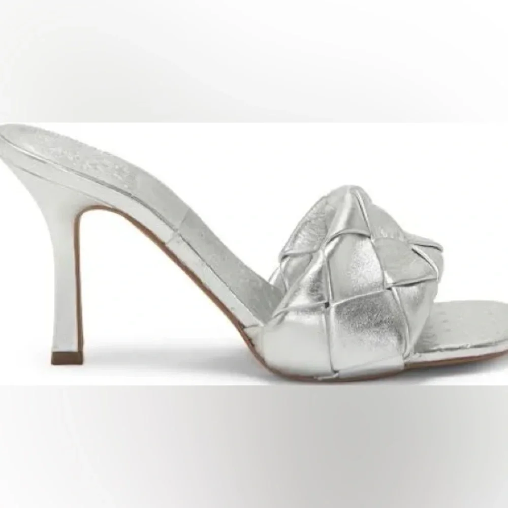 Vince Camuto Brelanie Silver Leather Braided Strap Heeled Slide Sandals | 8.5